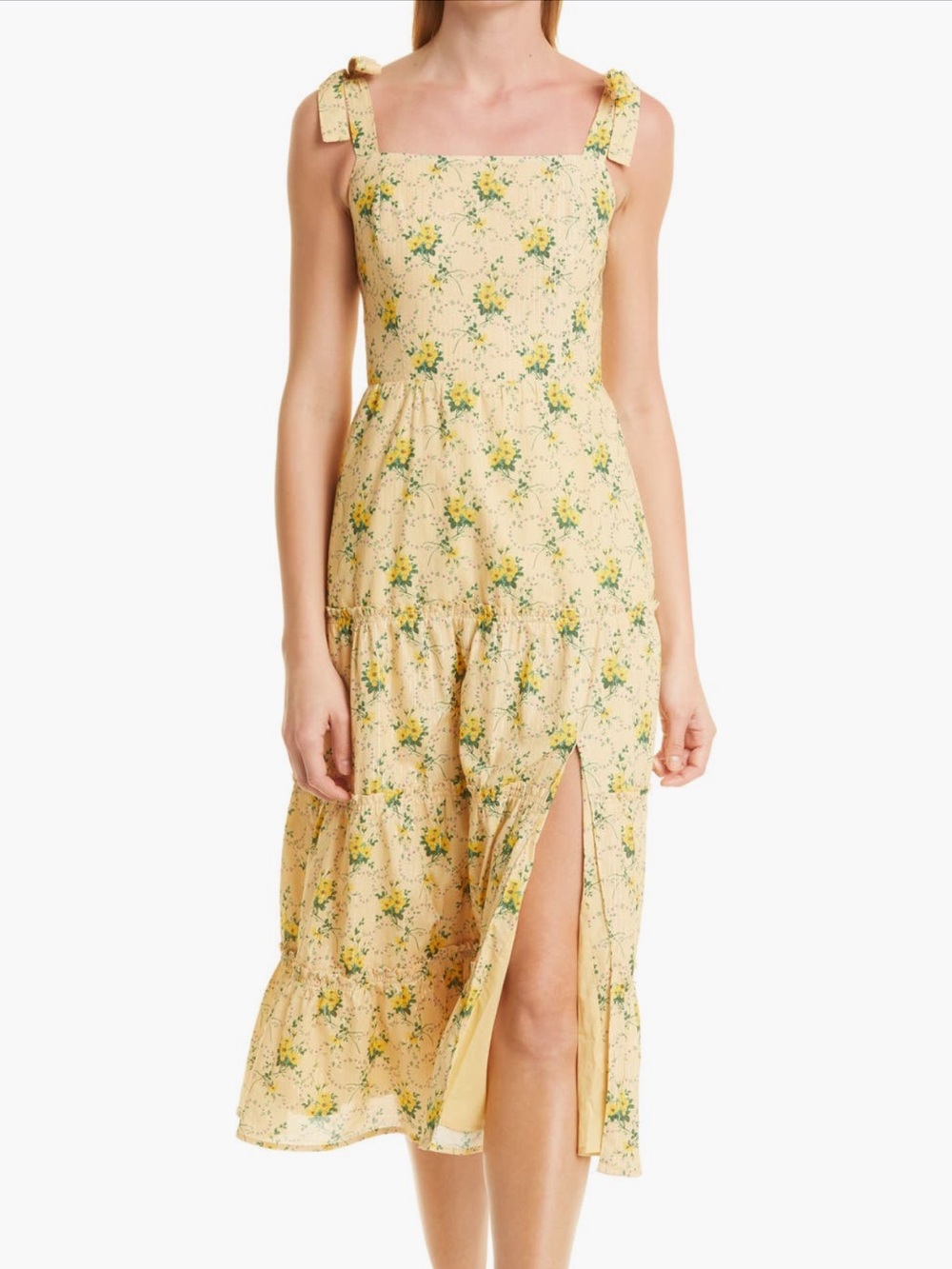 PAIGE Yellow Floral Tie-Strap Midi Dress
